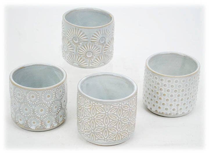 Ceramic Mini Ivory Pot with 4 Designs - 3"